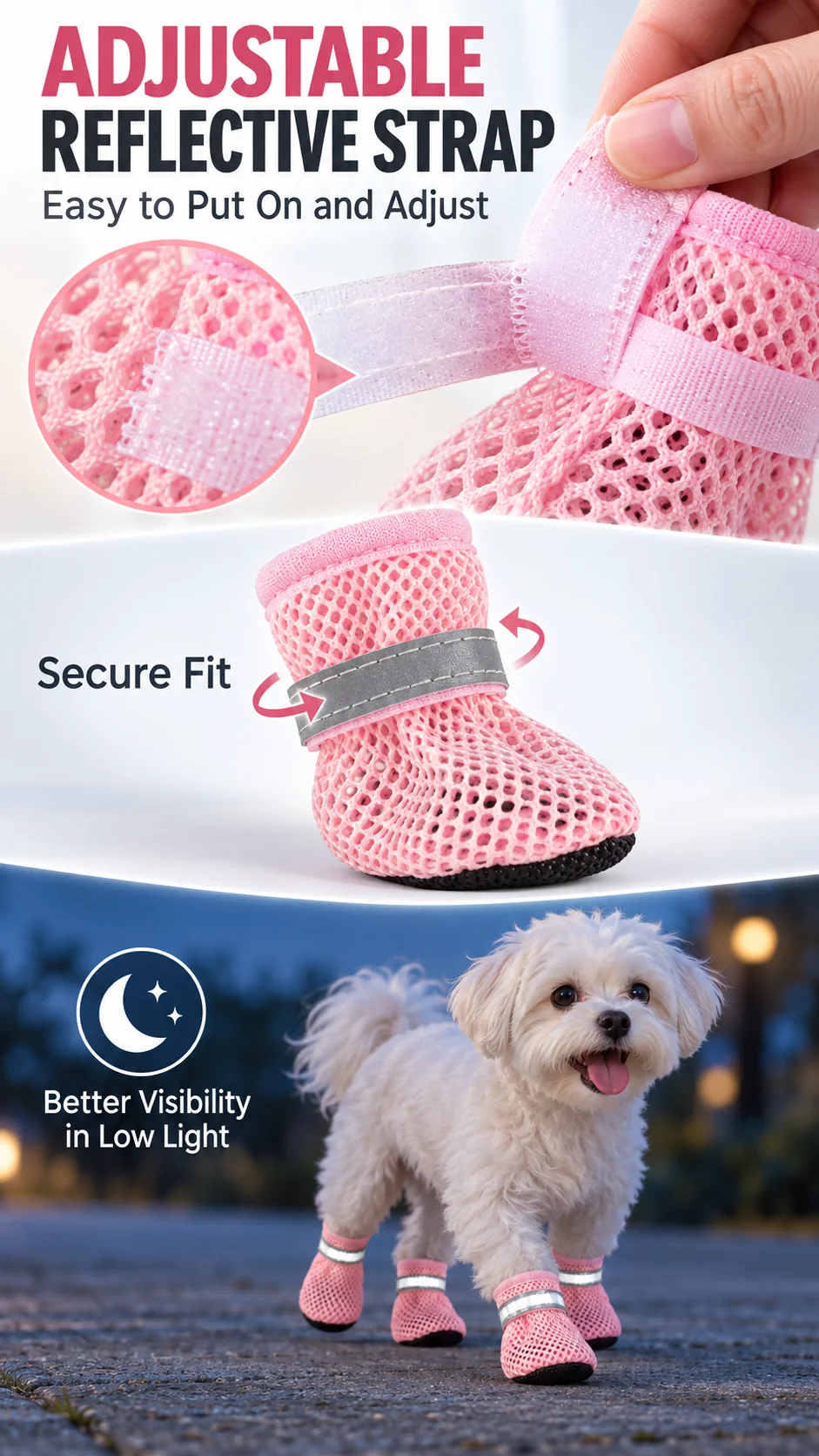 4 Stück Hundeschuhe, atmungsaktives Mesh-Material, rutschfeste, weiche Sohle, Haustierstiefel, reflektierende, verstellbare Pfotenschoner für kleine und mittelgroße Hunde. – Detail 4