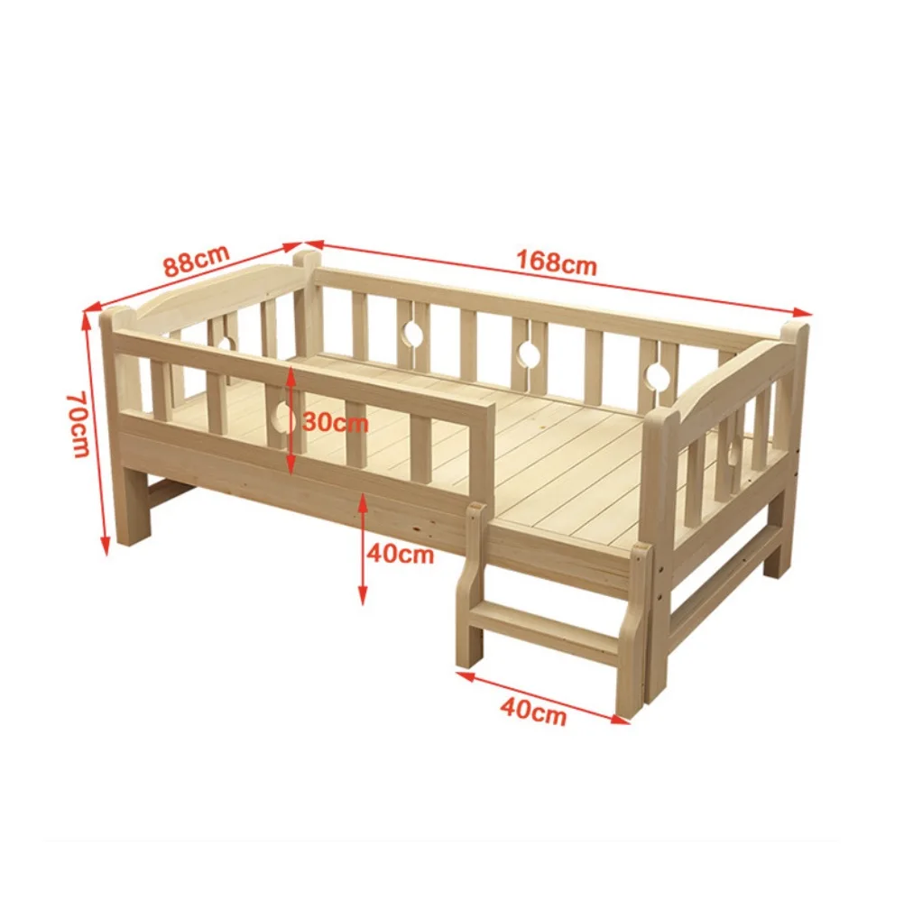 Children's solid wood kids bed with guardrail stitching widened bed boy girl single side bed