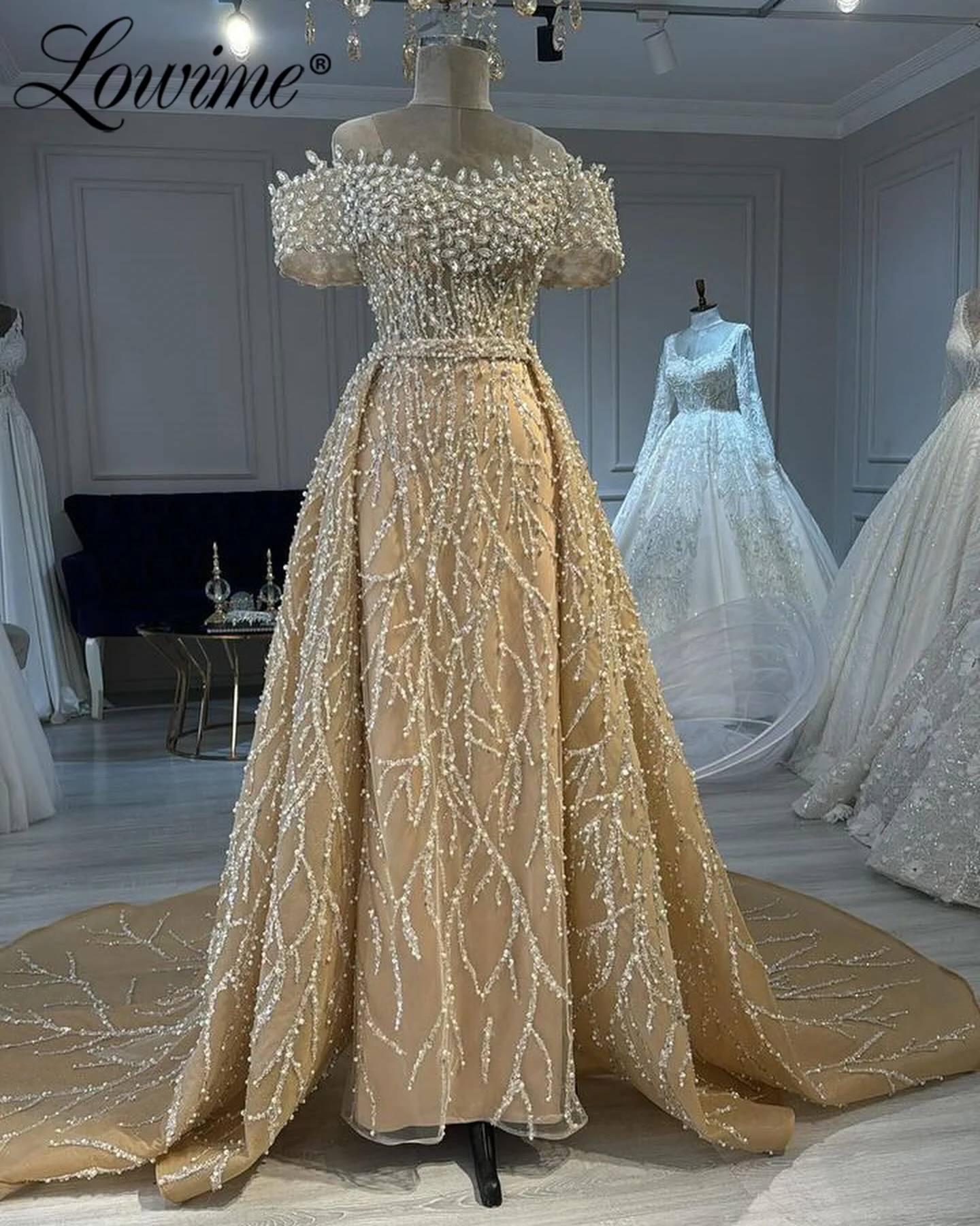 

Роскошные блестящие кристаллы Длинные платья знаменитостей для выпускного вечера Вечерние платья цвета шампанского по индивидуальному заказу со съемной юбкой ﻿ Халаты De Soirée