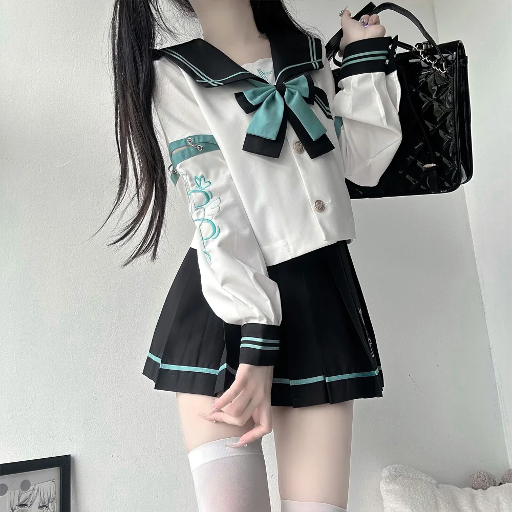 

Japan JK Uniform Sweet Cute Sailor Collar Short Sleeve Shirt Pleated Skirt Two-Piece Sets Women Preppy Style Outfits 2024 New