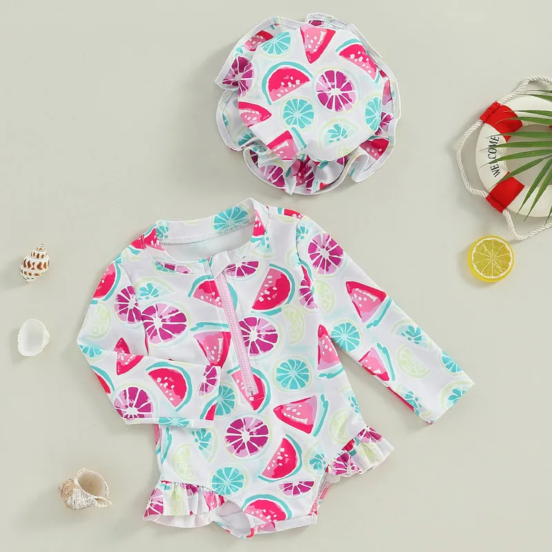 Toddler Girls Rash Guard Swimsuit Rompers Long Sleeve Watermelon Print Baby Ruffles Bathing Suit Swimwear with Swim Cap