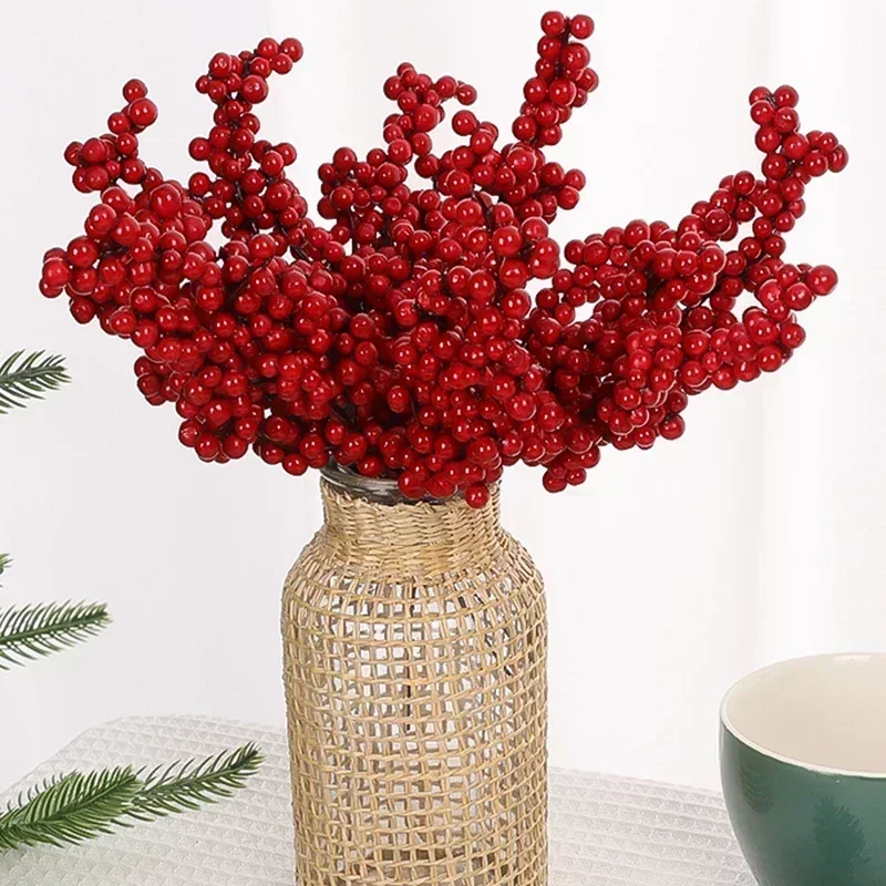 Artificial Holly Berry Stamen Wreath Enfeites, Natal Red Berries Branch, Plantas Falsas, Flores, Árvore De Natal, Decoração De Casa De Festa