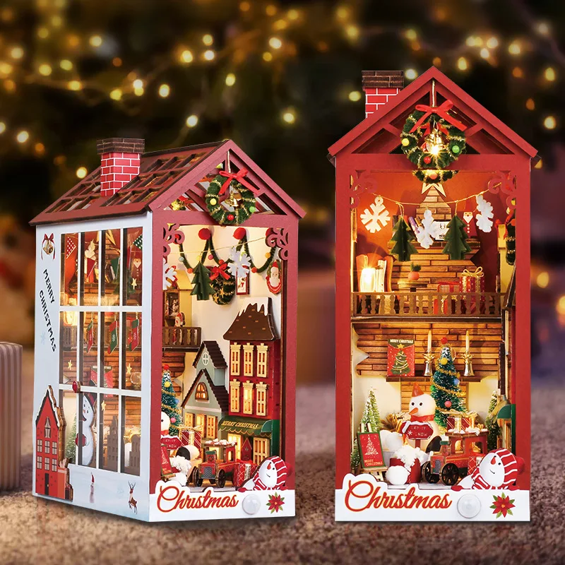 

Christmas BOOk Nook kit DIY Wooden Shelf Insert Kit Dollhouse Miniature Bookends Doll Houses Bookshelf Handmade Gifts