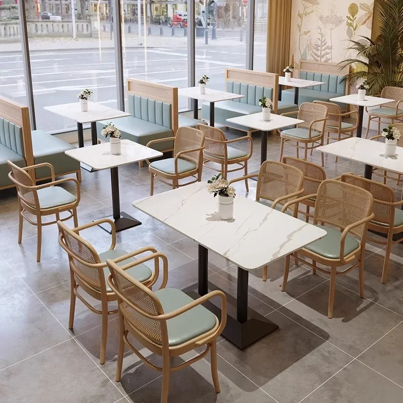 Commercial Rock Slab Table and Chair Set Simple Card Seat Sofa for Milk Tea Shop Hot Pot Hotel Coffee Western Restaurant Tea