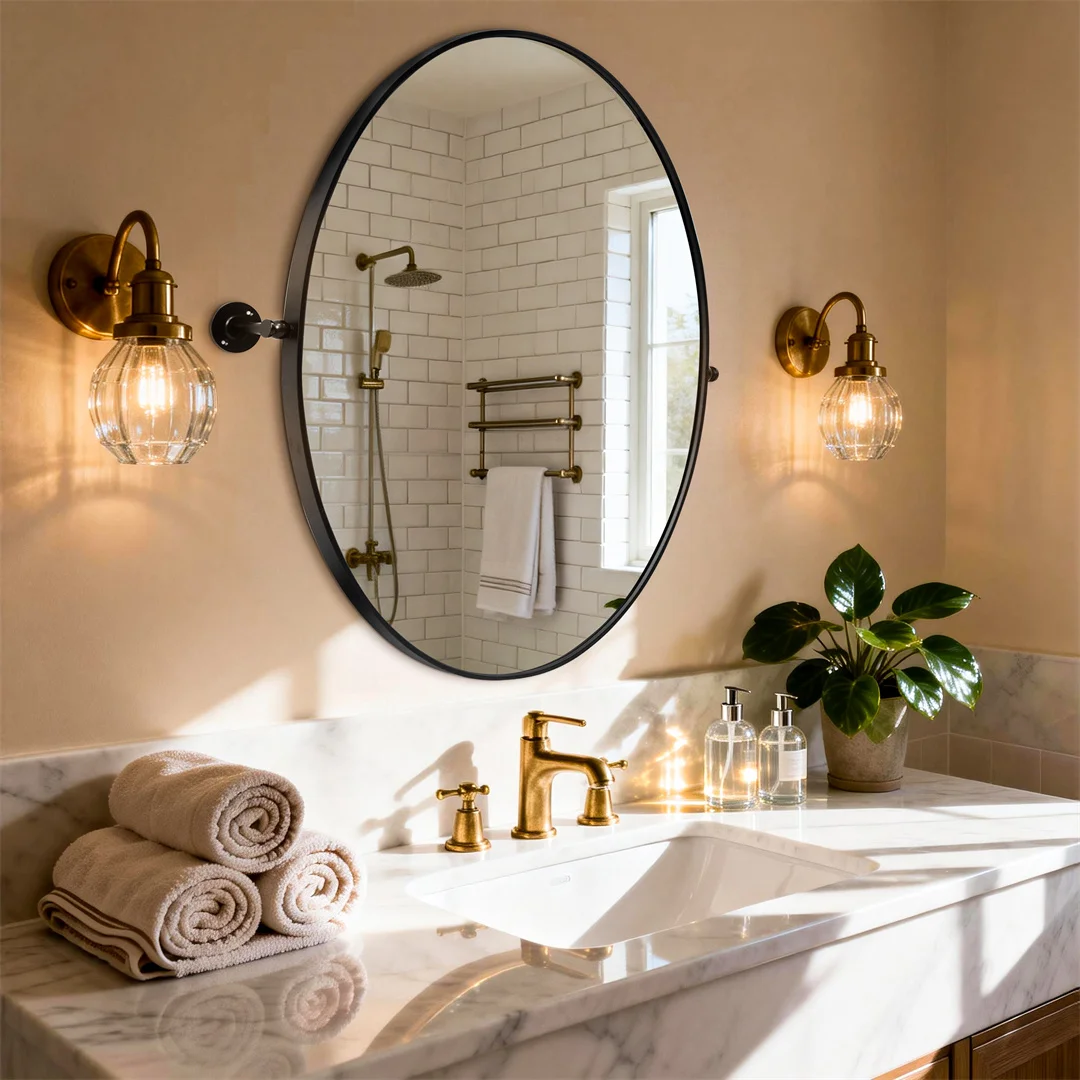LUVODI Tilting Bathroom Mirror: 20”x28” Oval Black Pivot Mirror Wall Mounted Vanity Mrror
