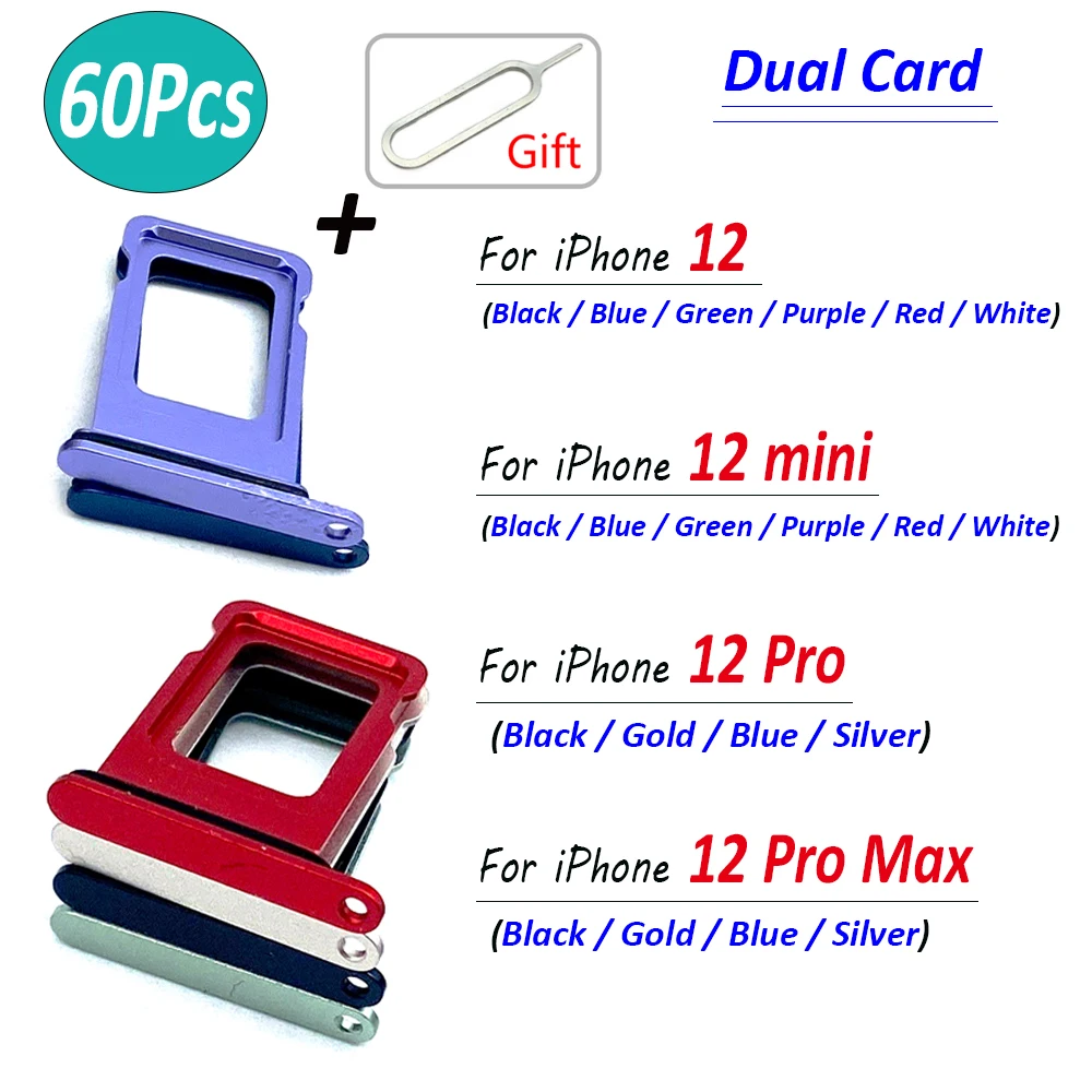 60Pcs，NEW Tested Dual Card SIM chip slot drawer SD Card Tray Holder Adapter Replacement part For iPhone 12 mini 12 Pro Max + Pin