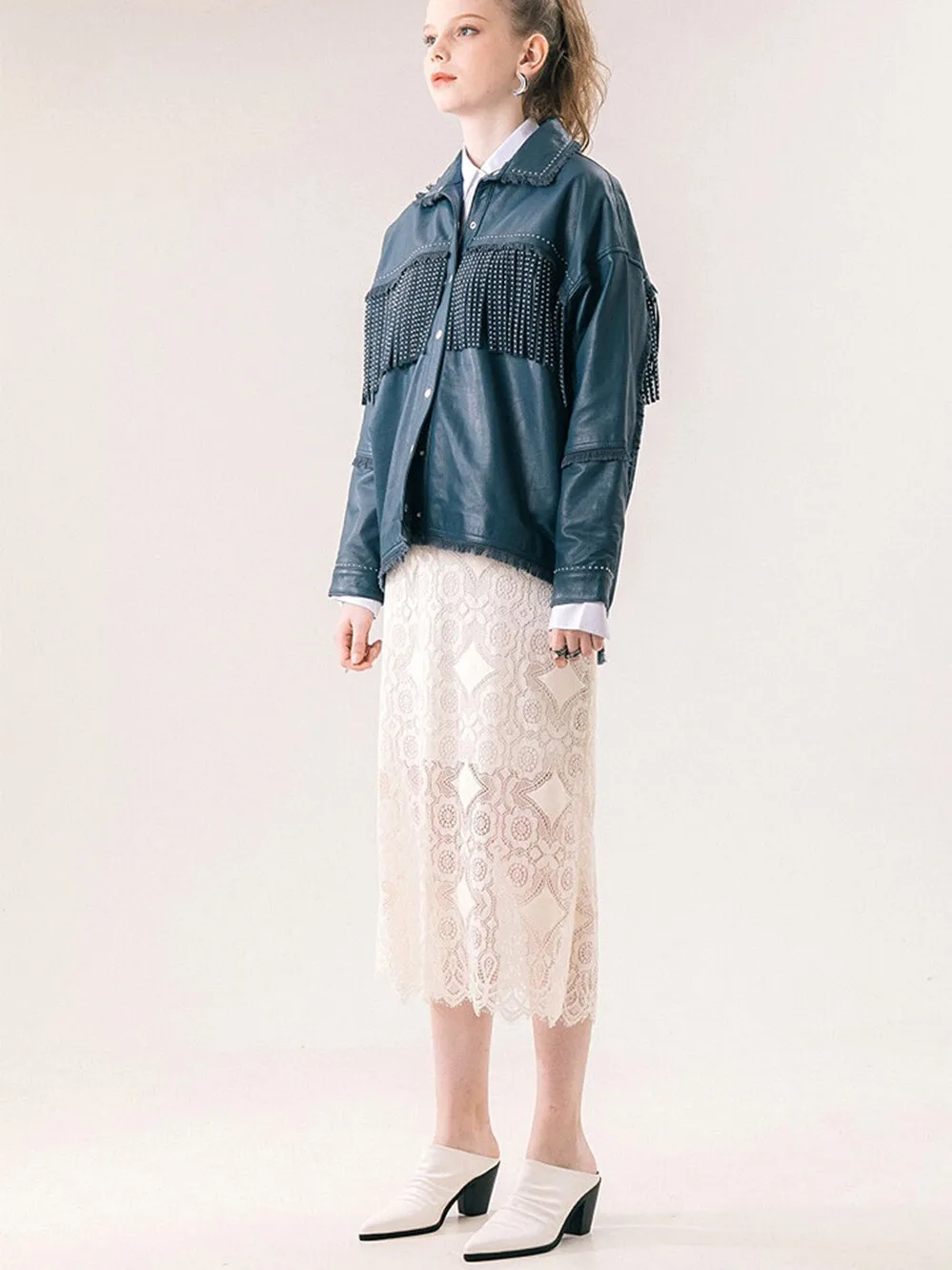 Rivetto fatto a mano in pelle ort Jaet Long Sve Colletto rovesciato Vera pelle eepskin Street Sle Slim Fit Primavera 2024