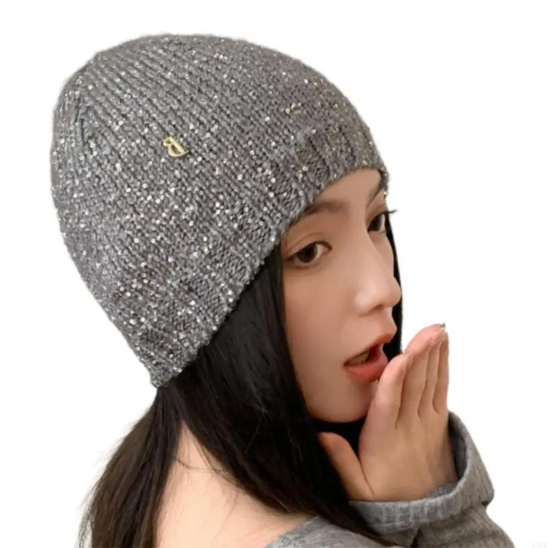 HX6F Chic Trendy Sequins Headwear Perfect for Parties Shows Nightlife Stylish Outfits Knit Hat Eye-Catching Trendy Sequins