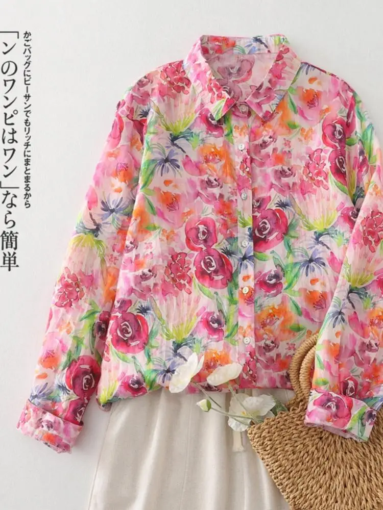 

Женская рубашка-кардиган из хлопка и льна с принтом под ретро-картины маслом, с длинным рукавом, свободного кроя, на весну-осень, с отложным воротником