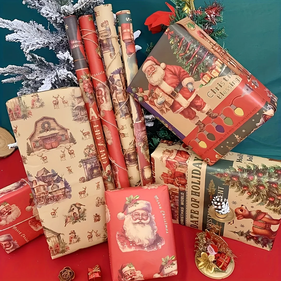 [Christmas Gift Wrap] 4 sheets Set of Vintage Christmas Poster Wrapping Paper, Featuring Santa Claus/Igloo Snowman Design