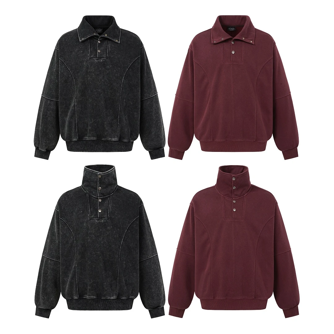 Men Women Vintage Washed Half Snap Sweatshirt, Deconstructed Seam Oversized Pullover, Lapel / High Collar Streetwear Top