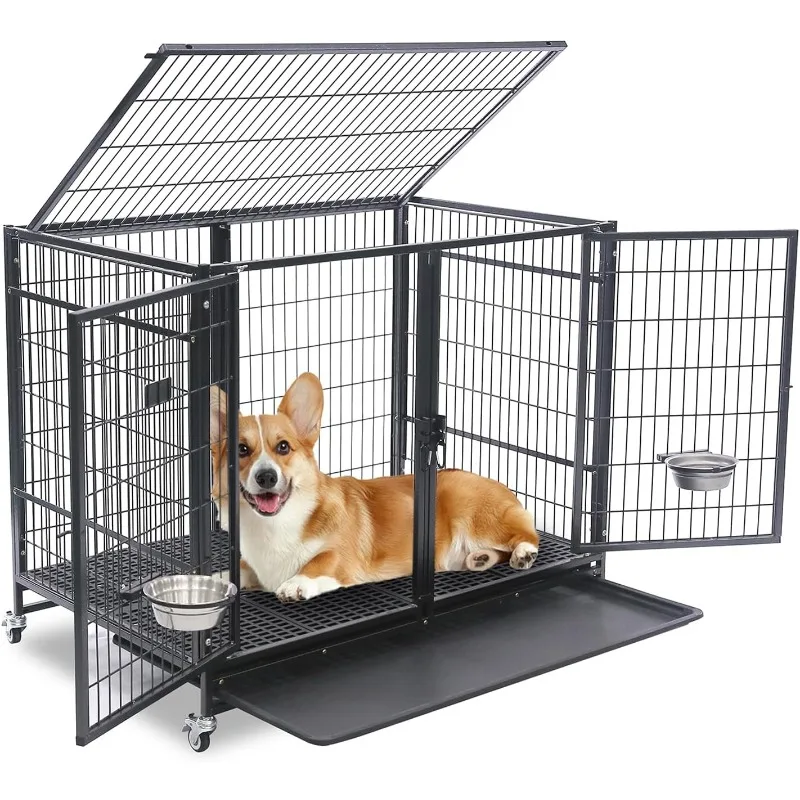 Homey Pet 43 Inch Dog Crate Cage Kennel with Divider, Stackable Heavy Duty Dog Crate for Large Dogs, Escape Proof