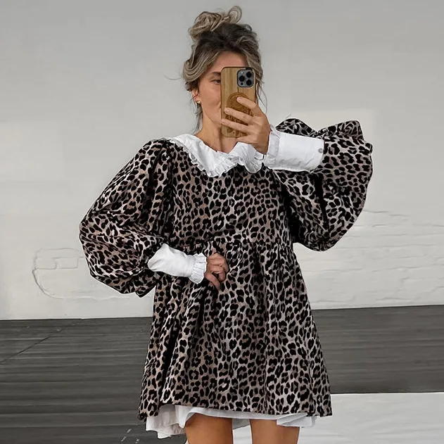 

Women Clothing Leopard Print V-neck Bubble Sleeve Splicing Ruffled Pullover Dress 2024 Fashionable New Spring Casual Women Dress