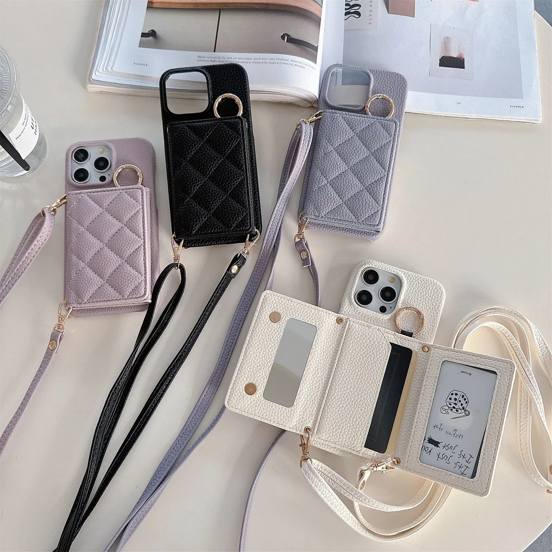 

Luxury Grid Leather Purse with Crossbody Strap Card Wallet Case for iPhone 11/12/13/14/15/16/17 pro Max plus Mirror Makeup Cover