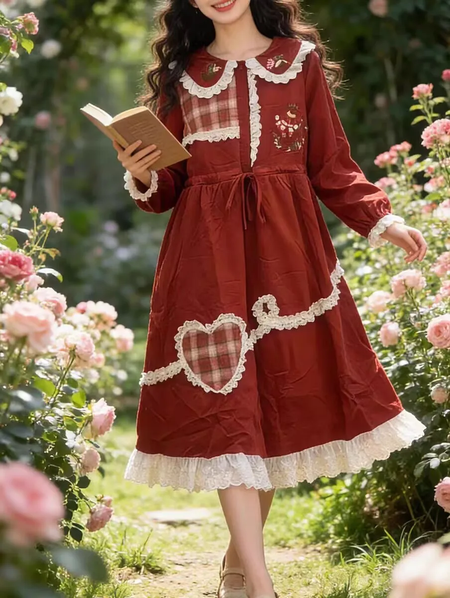 

Красное винтажное вельветовое лоскутное флисовое платье с длинными рукавами, женское осеннее платье Mori Girl с воротником Питера Пэна на шнуровке Kawaii Lolita Midi Dress