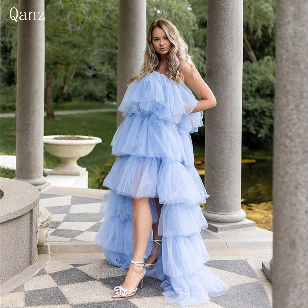 

Qanz Sky Blue Tulle Evening Dresses Strapless Frill-Layered Pleat High Low Backless Dresses For Women Party Wedding Evening New