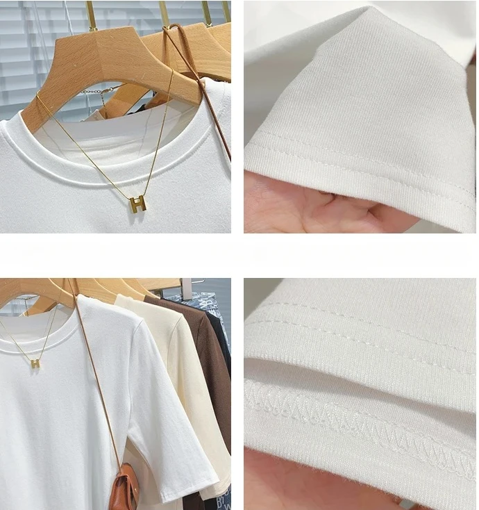 AOSSVIAO 2026 Sommer 100% Baumwolle Damen T-Shirt Basic Rundhals Modisch Einfarbig Kurzarm Oberteil – Detail 8