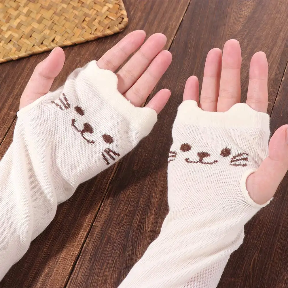 Sarung Tangan Tanpa Jari Motif Cakar Kucing Kawaii, Bernapas, Pelindung UV, Penutup Lengan Cakar Kucing, Katun Tipis, Sarung Tangan Lolita
