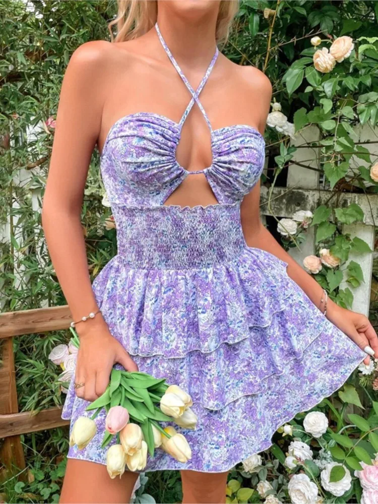 

Sexy Floral Print Dress For Women Fashion Sleeveless Halter V Neck Mini Dresses Lady Casual Holiday Beach Skirts Womens Clothing