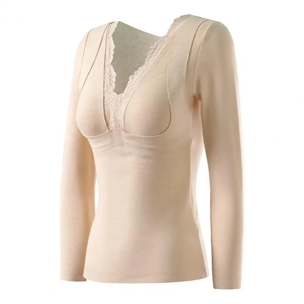 Bottoming Tops with Built-in Cups Double Layer Thermal Bottoming Tops with Chest Pads for Winter Warmth Long Sleeve Pullover