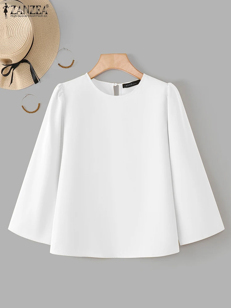 ZANZEA Long Sleeve Autumn Blouses Women Flare Sleeve Blusas Fashion Solid Color Tunic Casual Loose Tops OL Work Pullovers