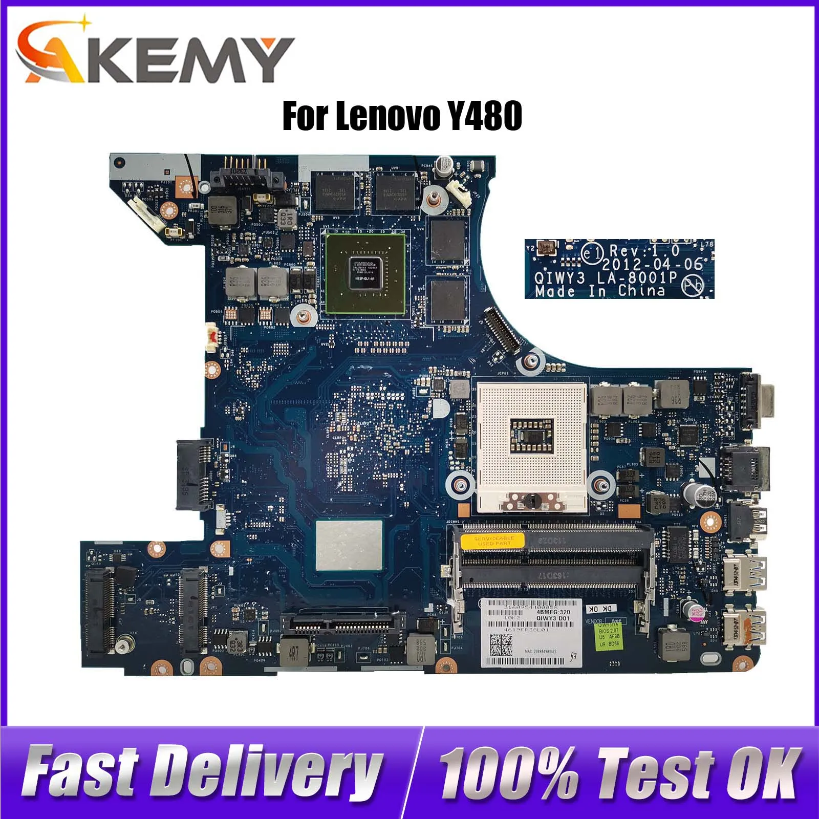 LA-8001P MainBoard For Lenovo Y480 Laptop Motherboard HM76 DDR3 GT640M 2GB graphics