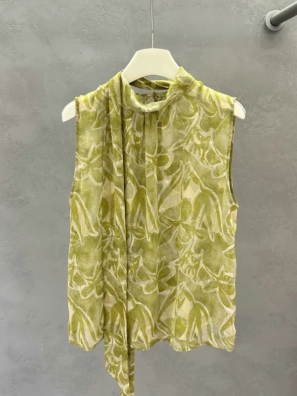 

Elegant Chinese Floral Print Blouse Sleeveless Trendy Women's Fashion New Arrival Summer 2026 V-Neck Midi Length Belted Shirt
