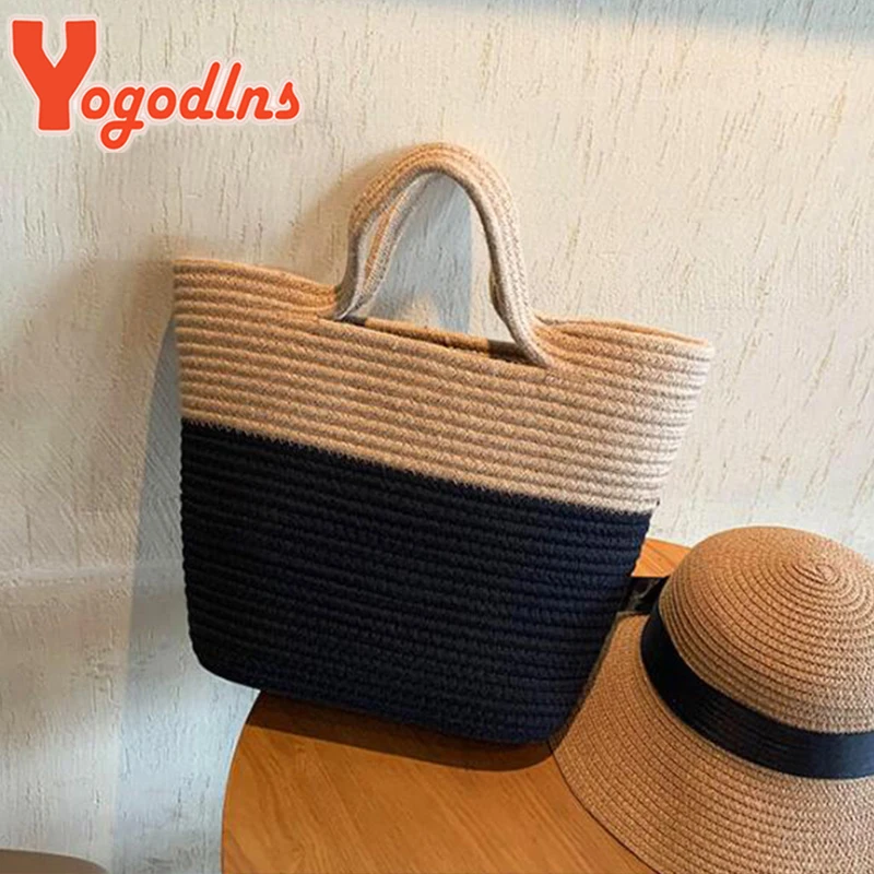 Yogodlns Summer Woven Straw Handbag Women Contrast Color Cotton Rope Beach Bag Travel Large Capacity Tote Shopping Handle Bags