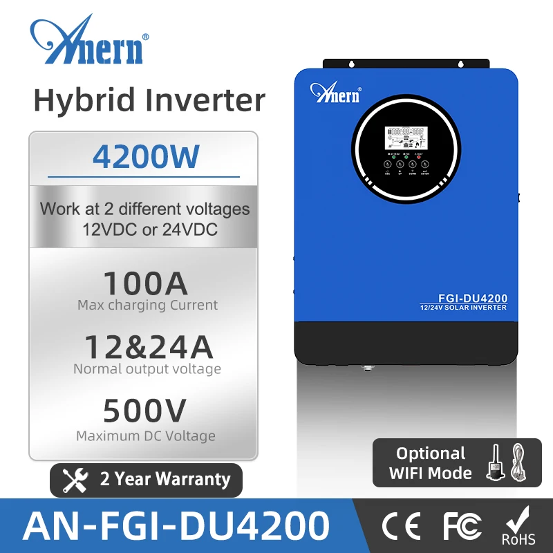 Anern 4200W Hybrid Solar Inverter 220V AC Pure Sine Wave LCD Display Auto for 12V 24V Dual Voltage BMS Inverter for Solar System