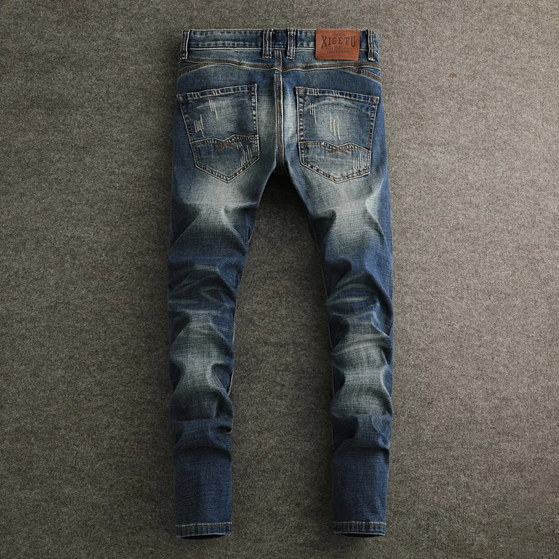 Fashion Designer Men Jeans Italian Style Retro Washed Blue Stretch Slim Fit Ripped Jeans Men Vintage Y2K Denim Pants Hombre