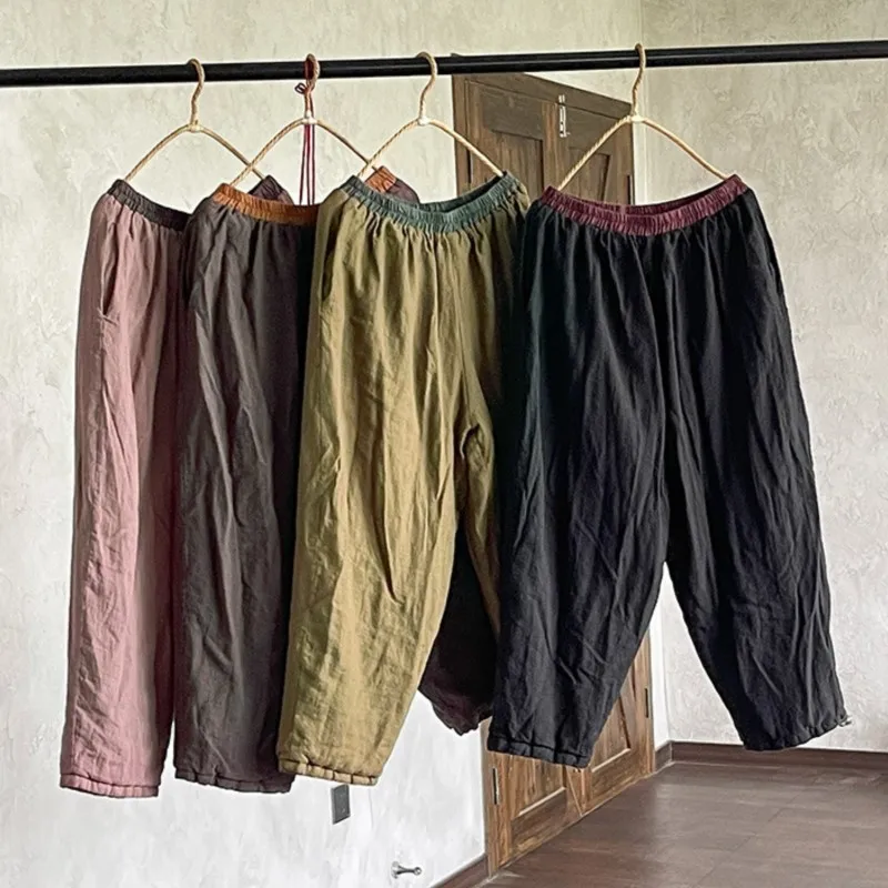 Johnature Women Plus Cotton Bloomers Pants Linen Elastic Waist Pockets Warm Winter Trouser 2024 New Solid Color Vintage Pants