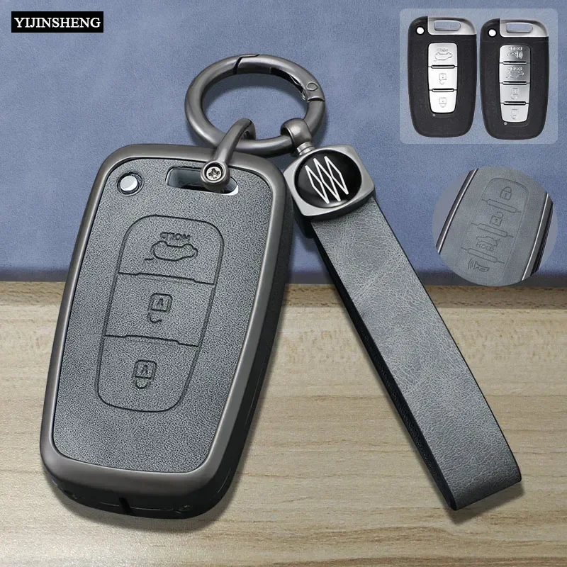 Zinc Alloy + Leather Car Key Case Cover For Kia Forte Soul Rio Borrego Sorento Optima Hyundai I30 IX35 Sonata Genesis Equus