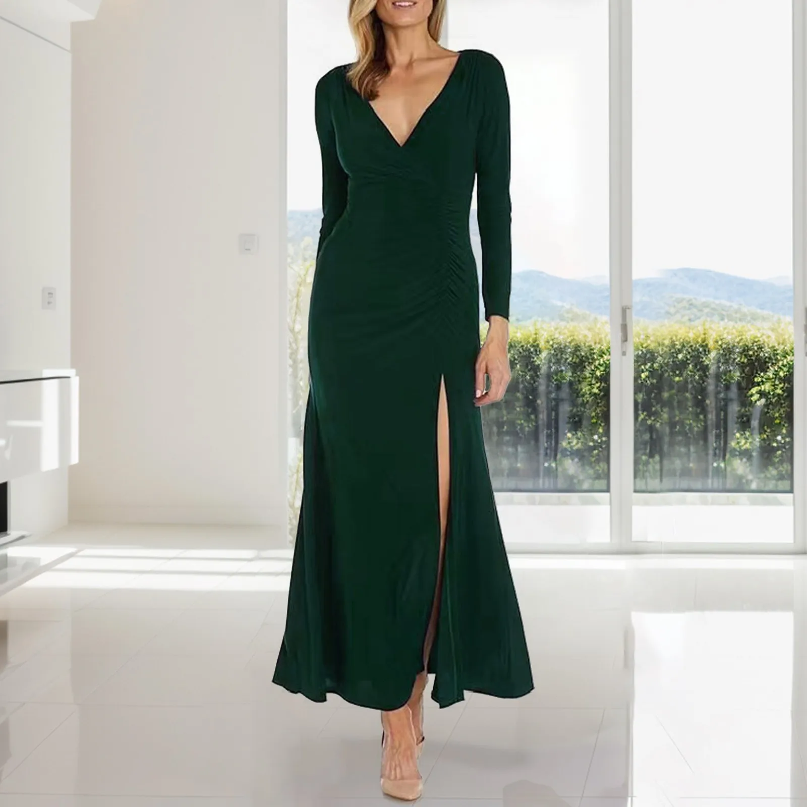 Womens High Quality Solid Color V Neck With Side Ruffles And Side Slit Long Sleeved Dress Female New Varieties Evening Dress