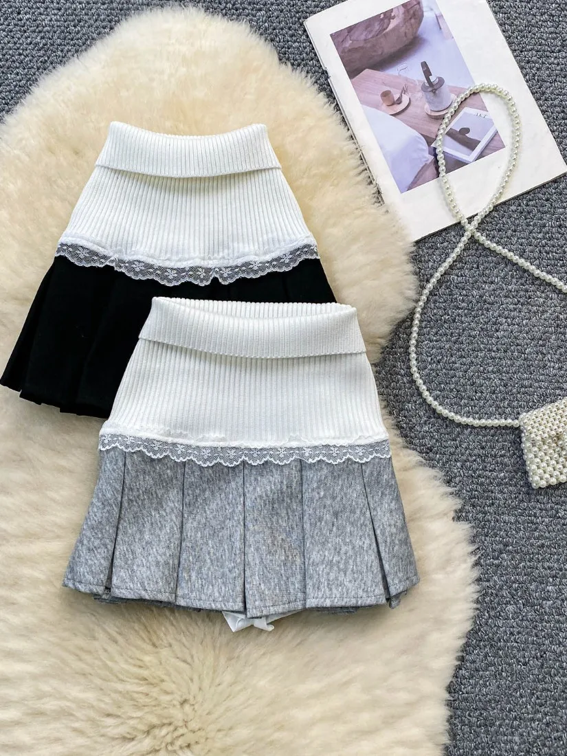 

Foamlina модная черно-белая лоскутная юбка цветных блоков кружевная летняя милая миниатюрная плиссированная мини-юбка с высокой талией