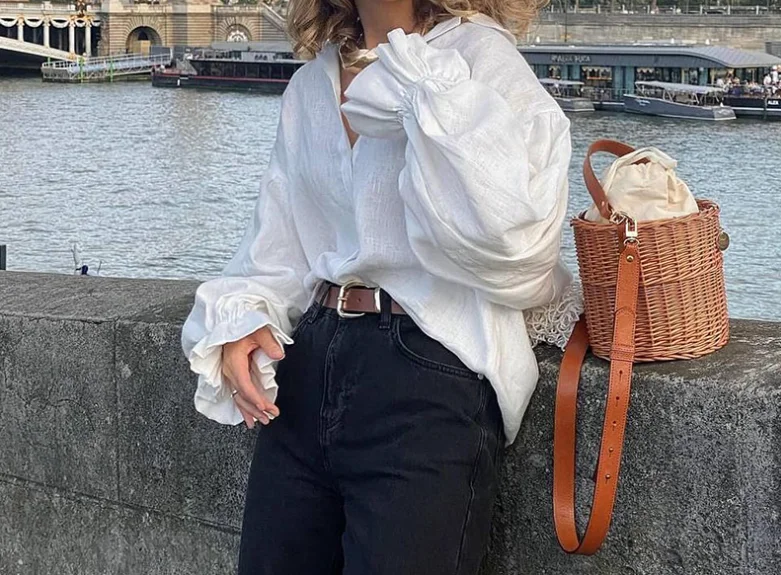 

Summer Loose Collar Lantern Sleeves Long Sleeved Shirt Top for Women, Elegant and Casual, Solid Color Loose Thin Shirt Top