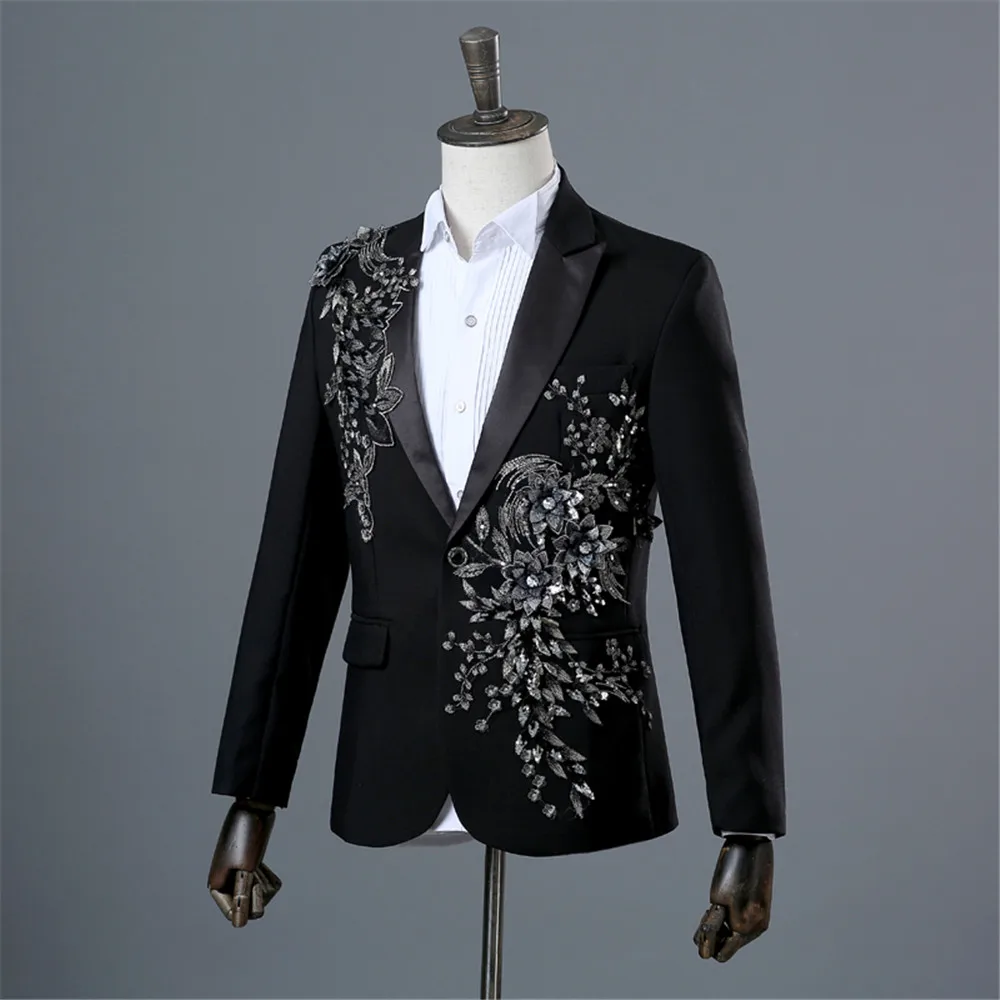 Elegant Appliqued Two-piece Men\'s Suit for Wedding Banquet Host Dance Prom Christmas Costume Men Blazer Chinese Style