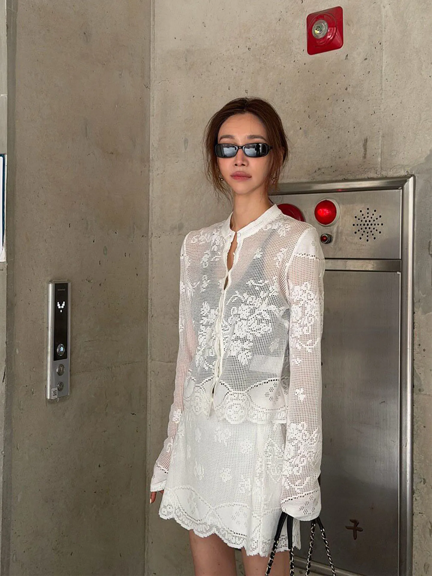 Clothland Women Elegant Lace White Suit Long Sleeve Hollow Out Shirt Mini Skirts Female Chic Two Piece Set TA793