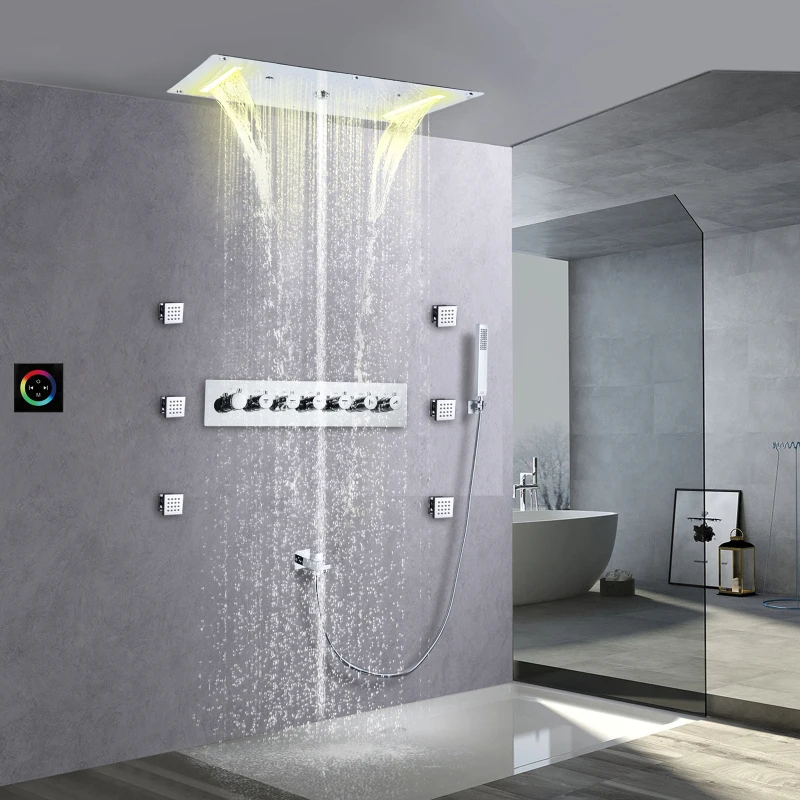 28*15 Inch LED Stainless Steel Shower Head Waterfall Rain Fog Ceiling Recessed Bathroom Thermostatic Bath & shower Sets