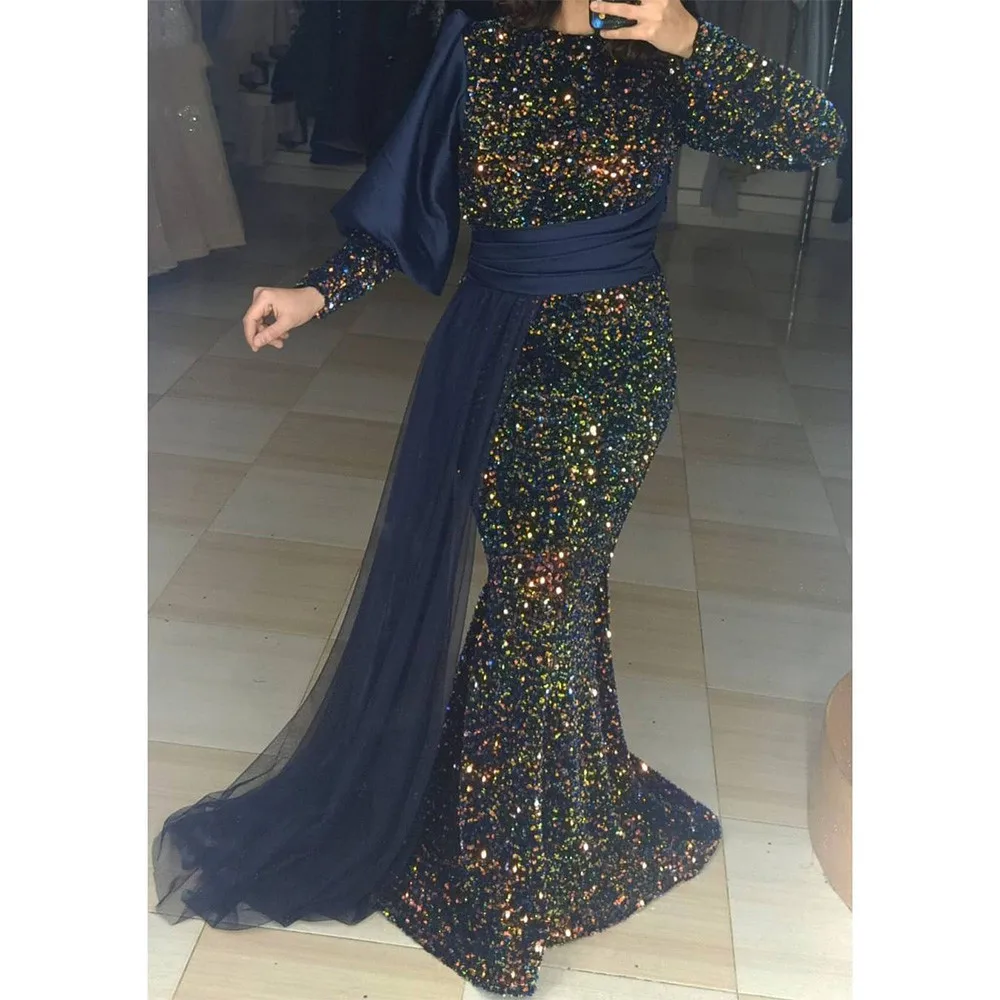 Muslim Mermaid Evening Dress For Women O Neck Long Sleeves Velour Sequins Elegant Prom Formal Robe De Soirée Femme Gowns Custom