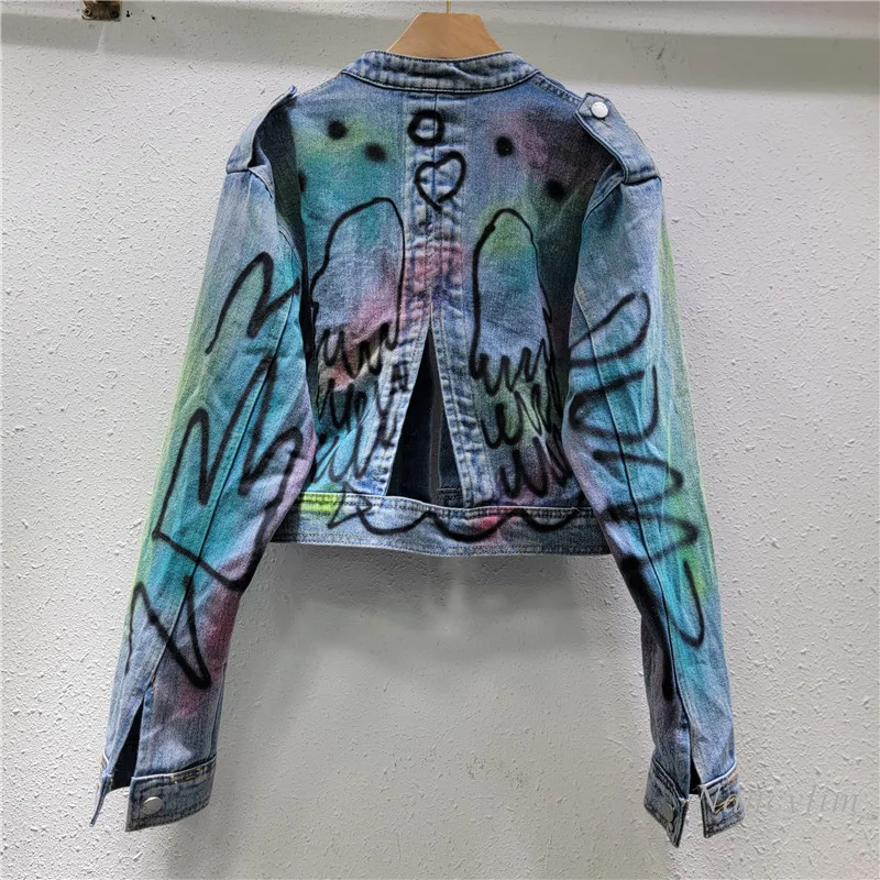 Short Denim Coat for Women 2024 New Autumn Trendy Loose Figure Flattering Back Hollow Graffiti Jacket Top Casaco Feminino