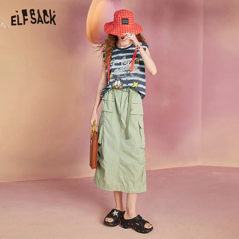 ELFSACK 2024 Summer New Retro High Waist Texture Skirt Women\'s Loose and Slimming Work Dress