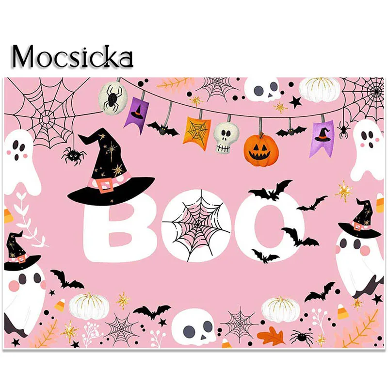 Mocsicka Halloween Baby Shower Backdrops for Photography Pink Cartoon Ghost Boo Birthday Party Decoration Photoshoot Background