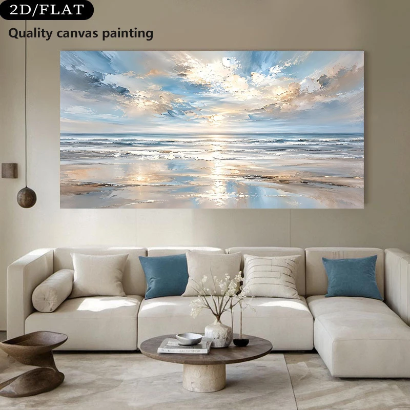 Panoramic Beach Horizon Canvas Art, Coastal Sunset Seascape Print, Canvas Poster, Modern Home Living Room Decor, No Frame