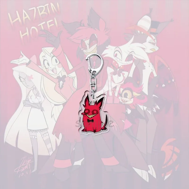 Hazbin فندق الكرتون سلسلة مفاتيح مصنوعة من الأكريليك أنيمي الشكل Alastor لوسيفر فوكس مضحك القط مفتاح سلسلة ظهره ديكور قلادة كيرينغ الهدايا