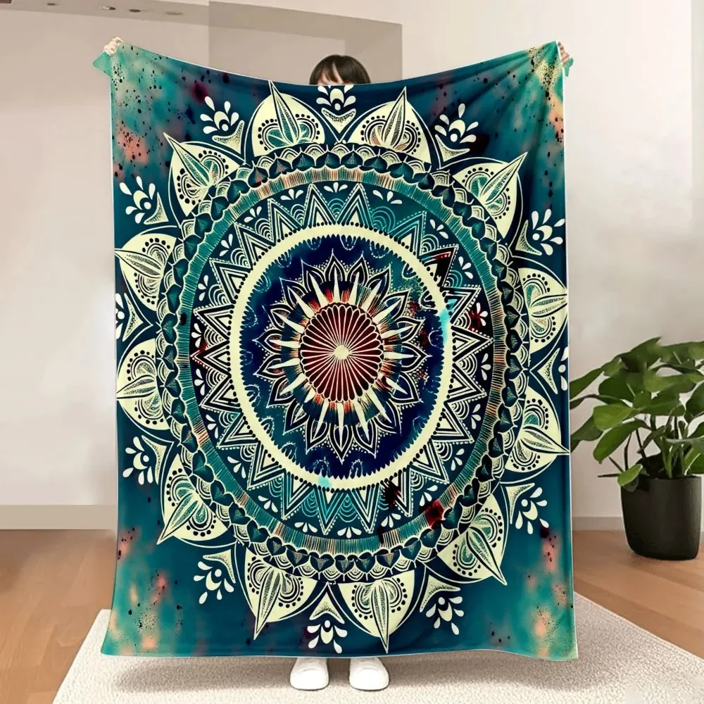 

Bohemian Teal Mandala Throw Blanket - Intricate Symmetrical Floral & Geometric Patterns, Warm Red/Orange Accents - Artistic Spir