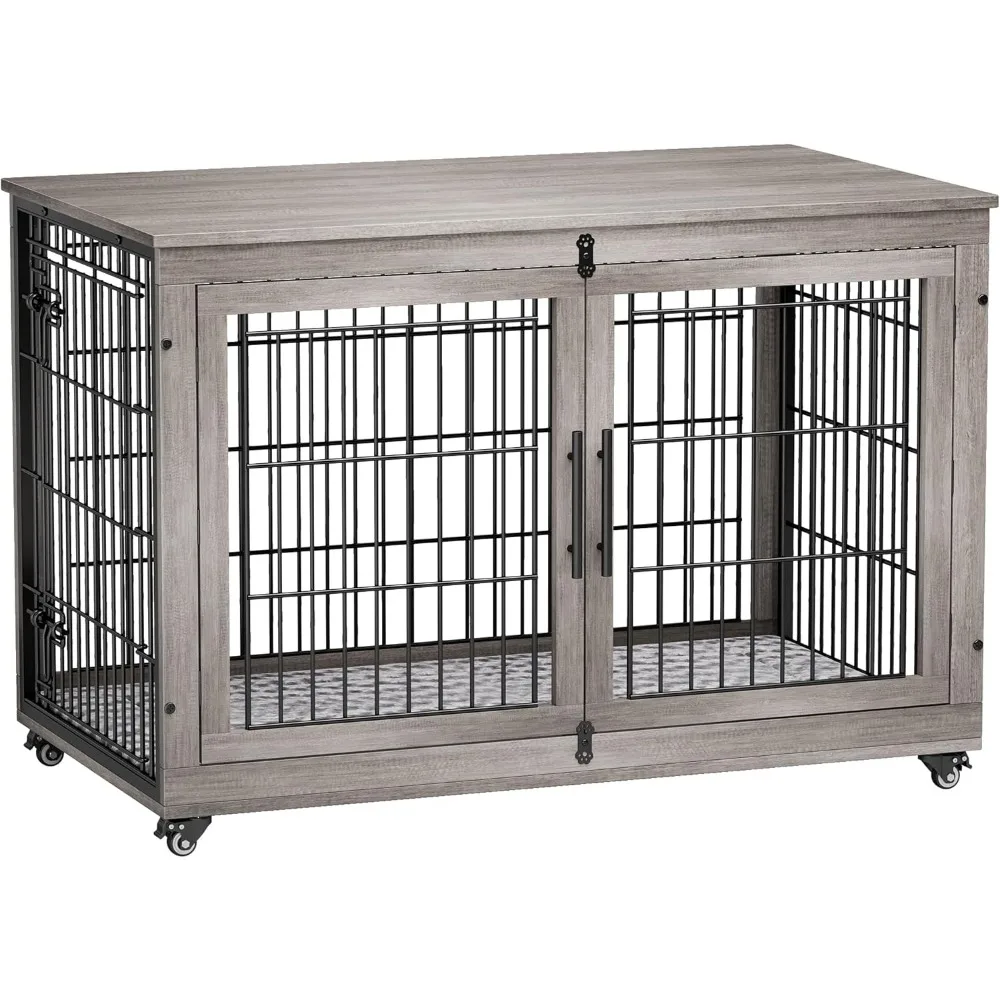 Indoor Double Doors Dog Cage, 44'' Heavy Duty Dog Crate with Cushion & Wheels, Decorative End Table Pet House Chew-Resistant