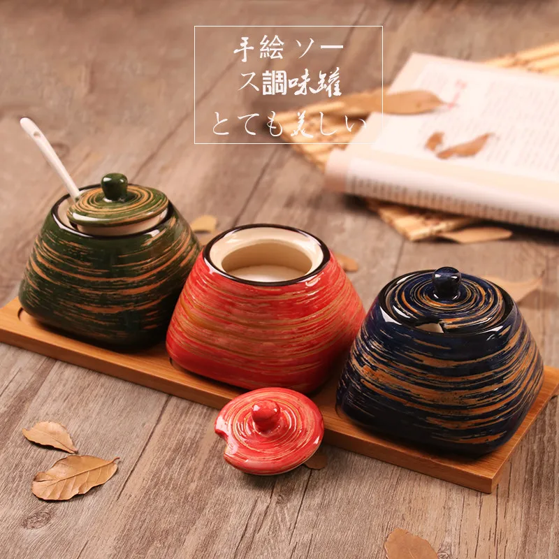 

Japanese Style Hand Drawn Red Ceramic Seasoning Jar Kitchen Spice Sugar Salt Storage Pot Home Decorative Canister with Lid Scoop