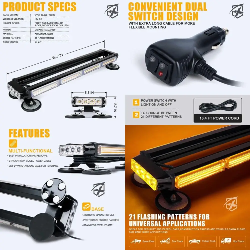 

26 Amber Rooftop Strobe Light Bar with Magnetic Base for Emergency Vehicles, Tow Trucks, and Cars