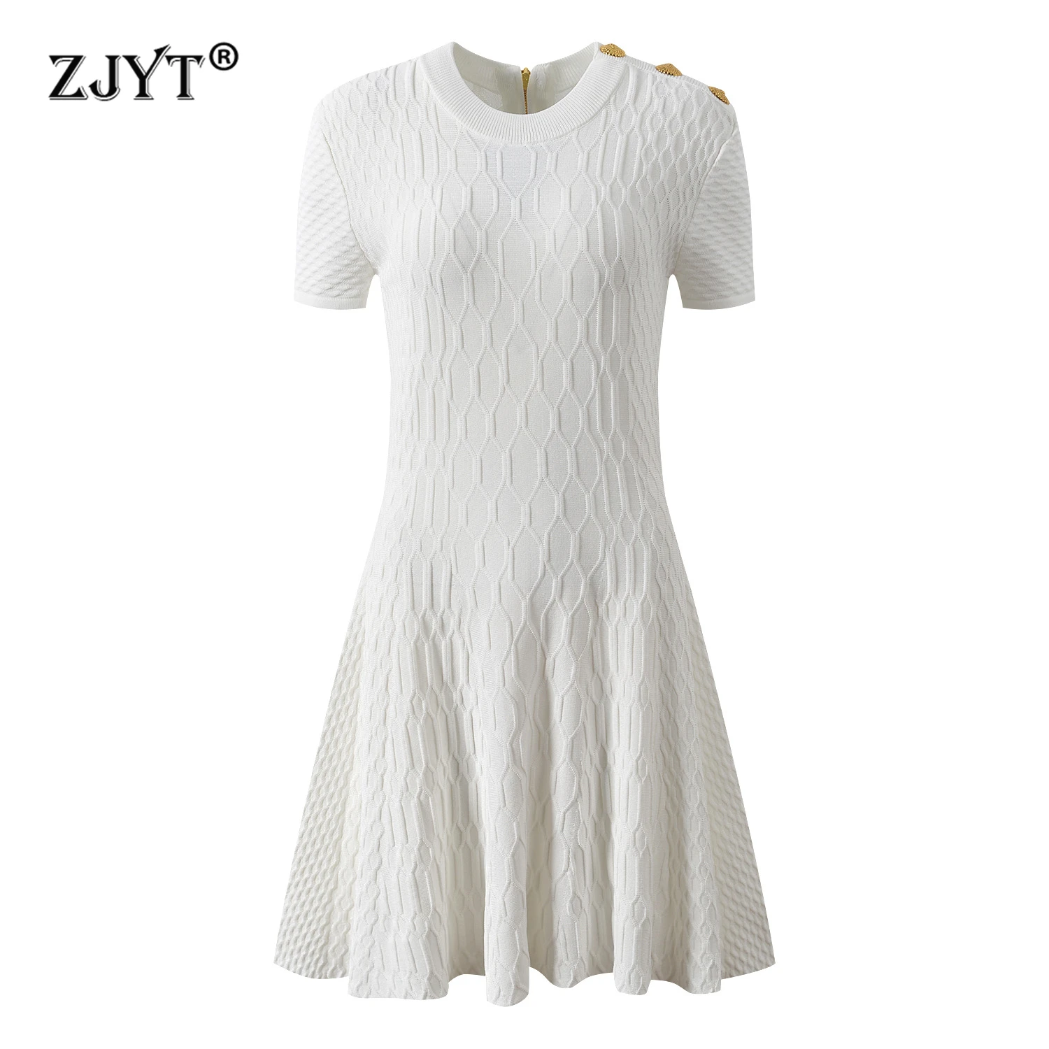 ZJYT ربيع الخريف موضة الأبيض محبوك فساتين سترة النساء مصمم س الرقبة قصيرة الأكمام فستان حفلة عادية صغيرة أنثى جديد