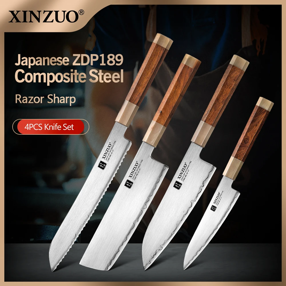 XINZUO 4PCS Chef Knife Set with Wood Gift Box Japanes ZDP-189 Power Steel High Carbon Fish Vegetables Slicing Butcher Knife